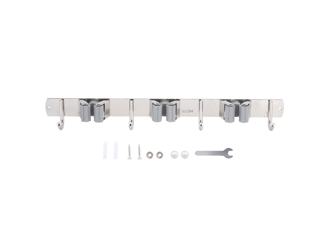 Suporte Parede Mop Vassoura Aço Inox 304 3 Prateleiras 4 Ganchos Cinza