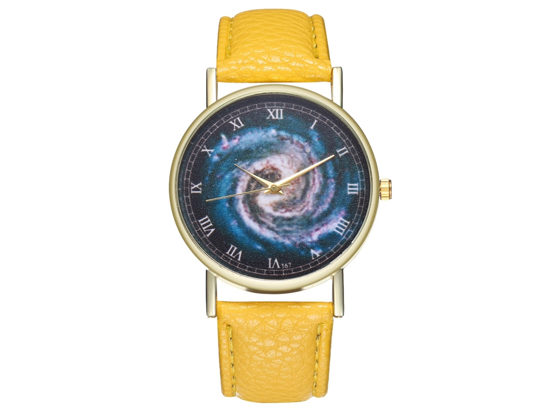 Reloj De Cuarzo Unisex Con Correa De Cuero Pu, Dial De Universo Y Números Romanos (amarillo)