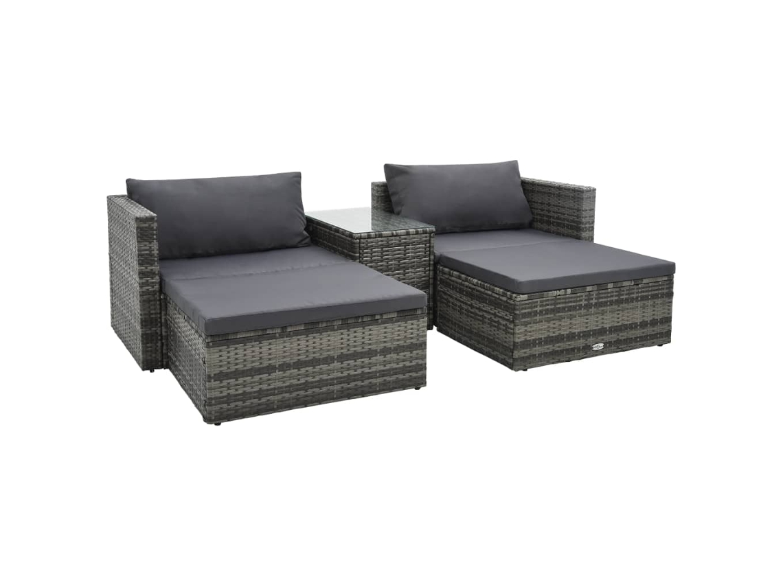 Conjunto 5 Peças Lounge De Jardim C/ Almofadões Vime Pe Cinzento Dkd Home Decor