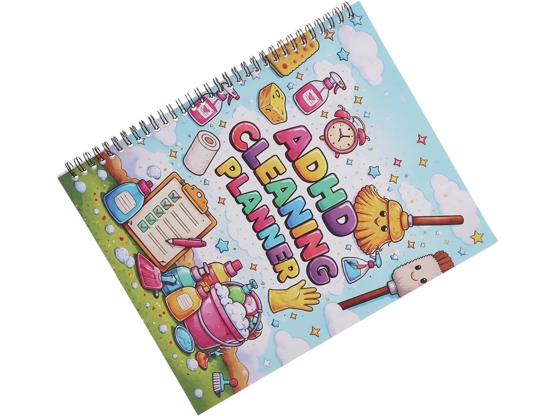 Planejador de limpeza anual multifuncional em papel e metal para adultos, limpeza de escritórios e residências.