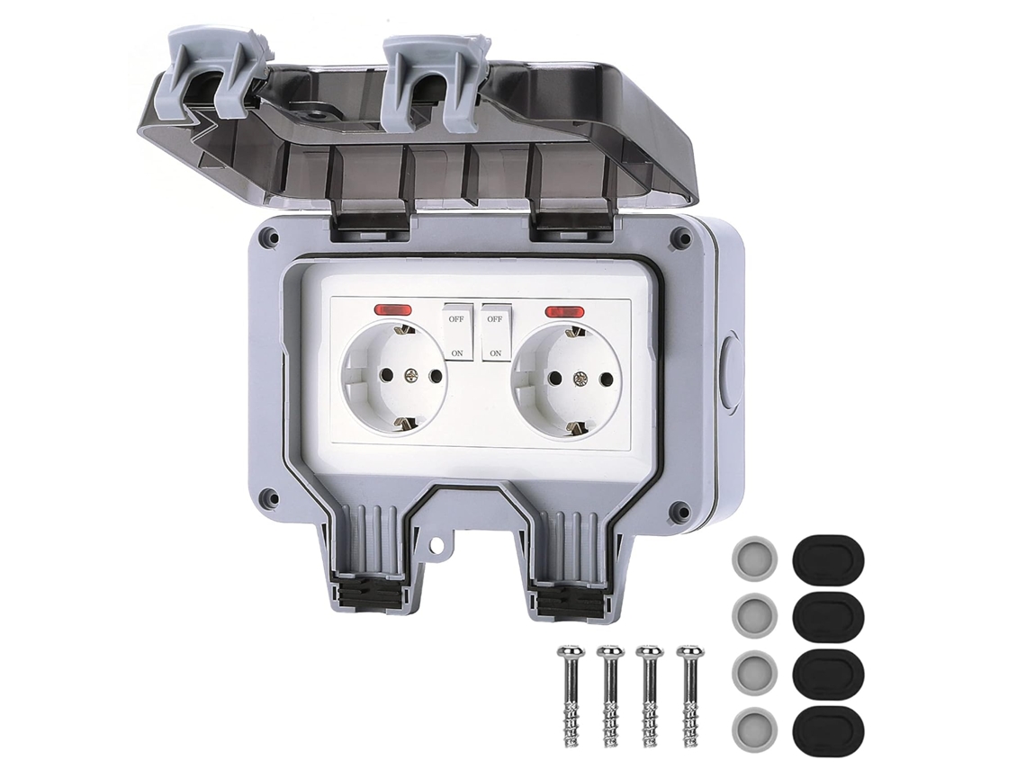 Tomada Externa ZYBLSSBB IP66, dupla, com interruptor e luz indicadora, para banheiro e jardim