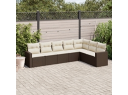 Conjunto de Sofás 7 Peças Jardim C/ Almofadões Vime Pe Castanho Dkd Home Decor