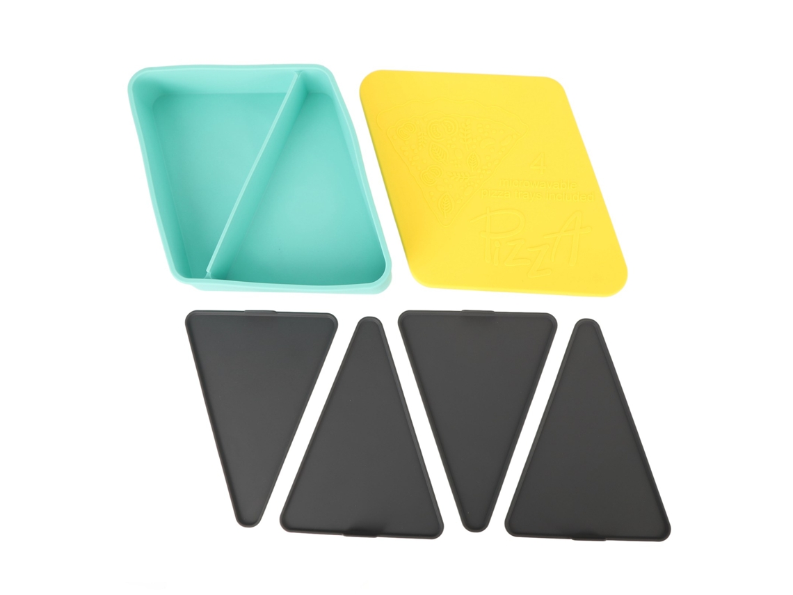 Caixa de Armazenamento de Pizza de Silicone Reutilizável Esquentável com 4 Tabuleiros, Verde Menta com Tampa Amarela | S/MARCA