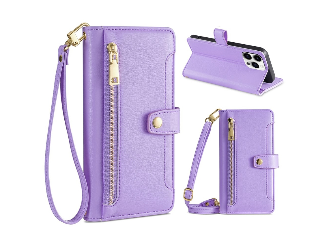 Capa Pega Para Iphone 15 Pro Pele Sintética Com Porta-cartões Roxo