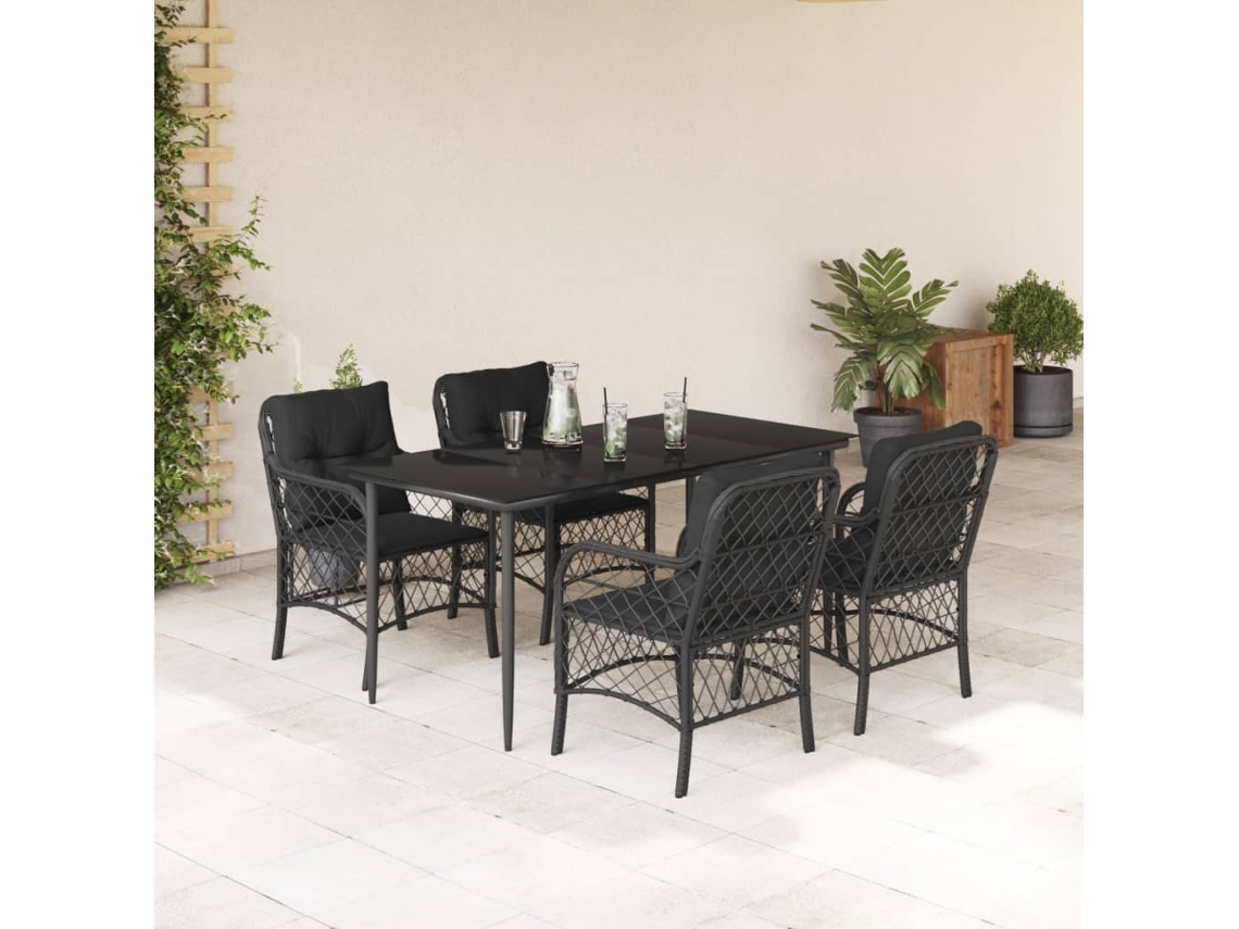 Vidaxl 5 Pcs Conjunto De Jantar P/ Jardim C/ Almofadões Vime Pe Preto