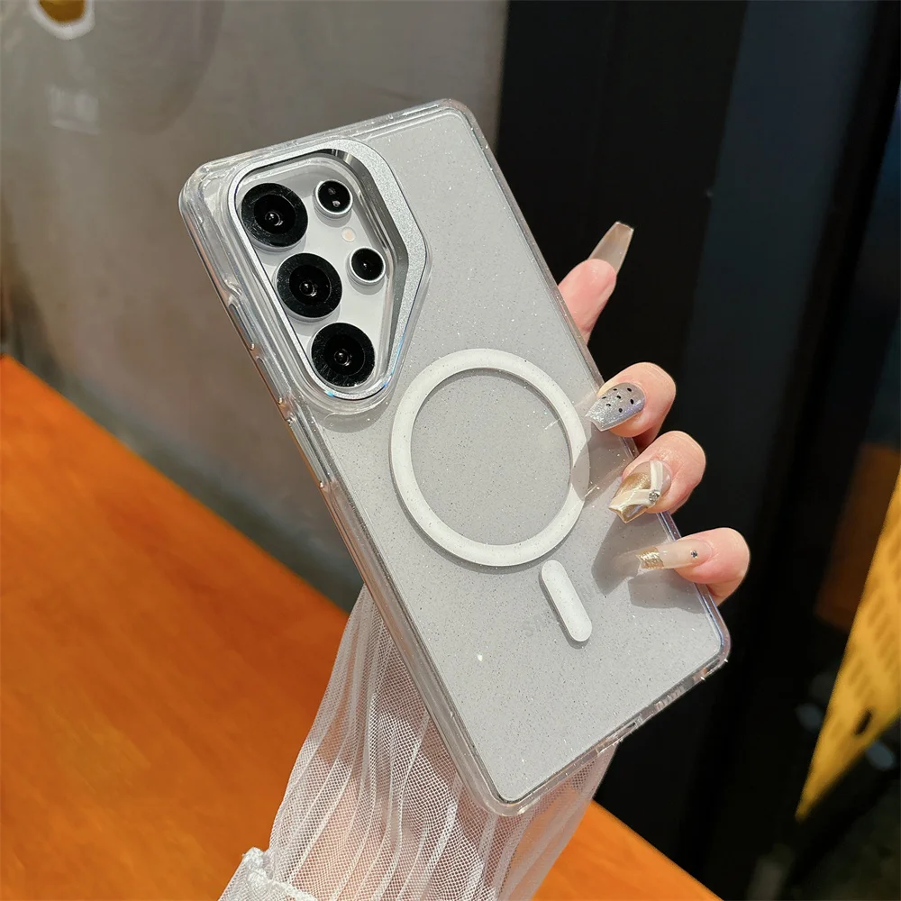 Capa Magnética Magsafe Para Celular (galaxy S23 Ultra Branco) Com Suporte De Lente Em Metal E Lantejoulas Transparentes.