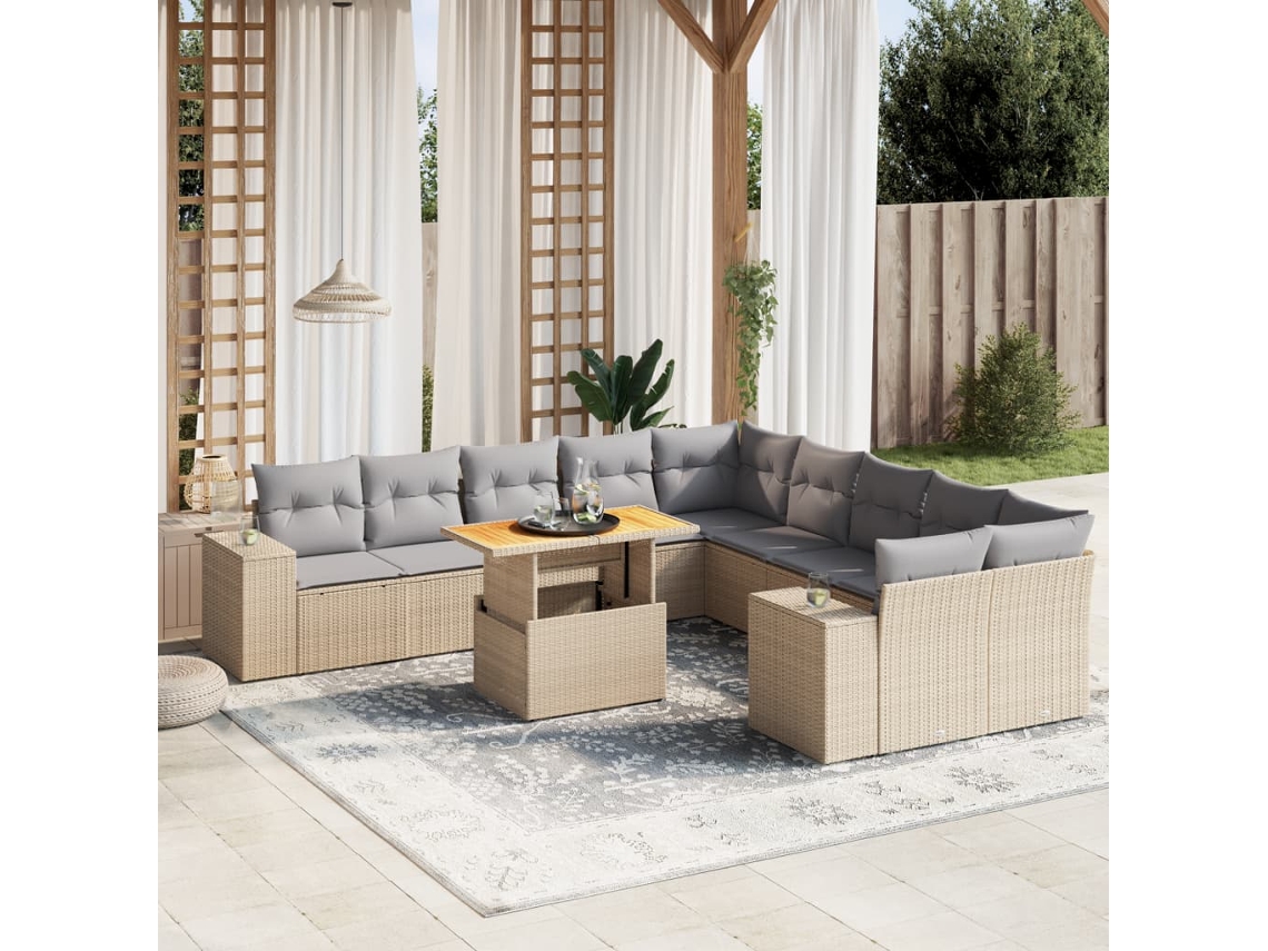 Vidaxl 11 Pcs Conjunto Sofás De Jardim C/ Almofadões Vime Pe Bege