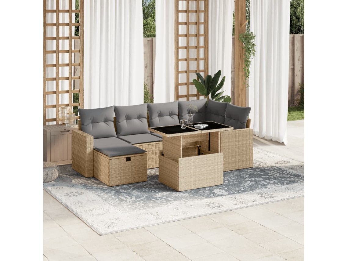Vidaxl 7 Pcs Conjunto De Sofás P/ Jardim Com Almofadões Vime Pe Bege