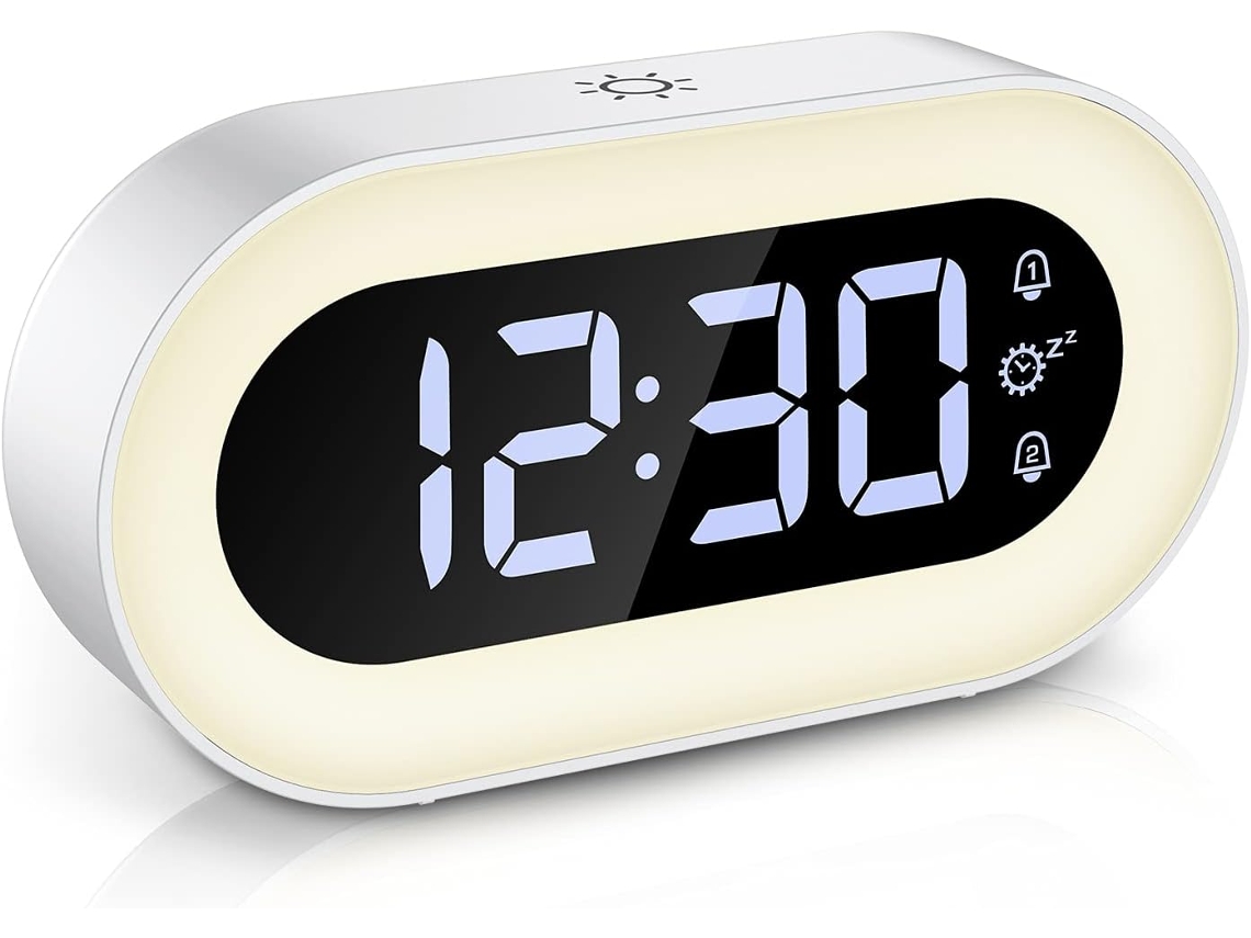 Despertador digital, luz noturna LED com função soneca e ajuste de brilho e volume (branco)
