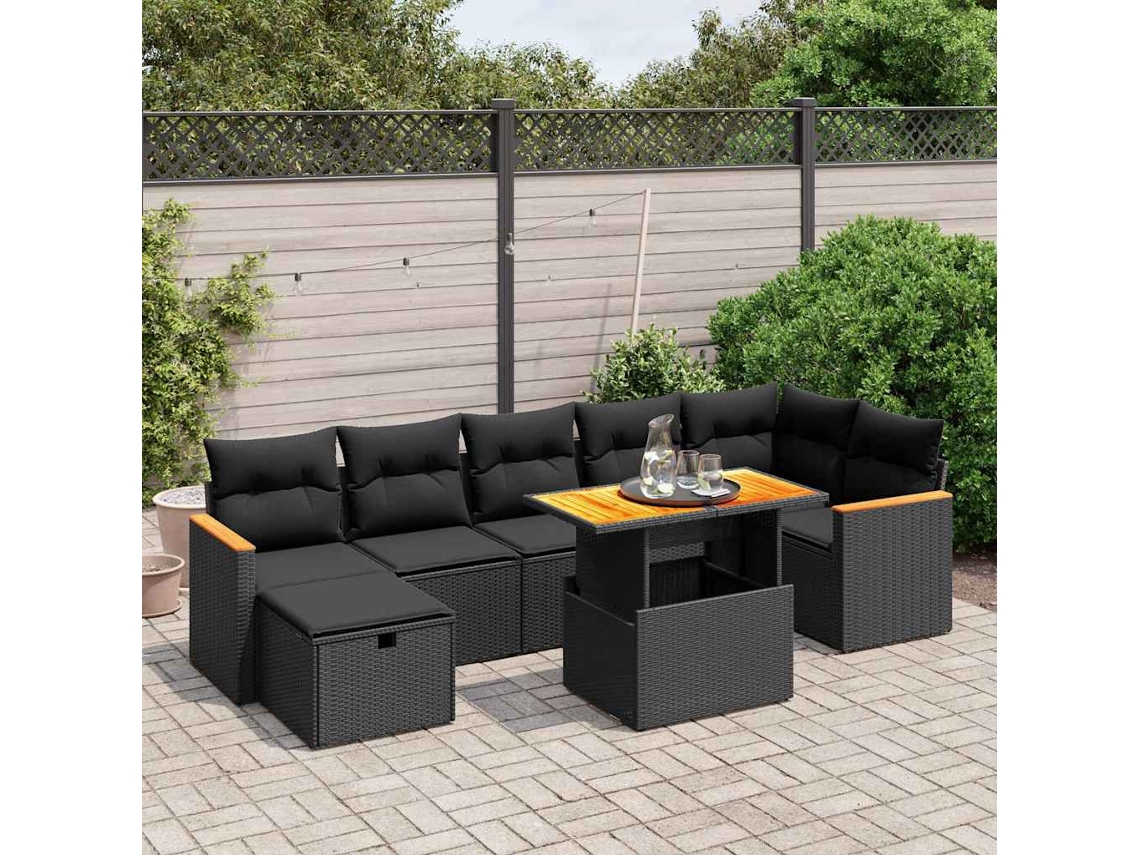 Vidaxl 8 Pcs Conjunto Sofás De Jardim Com Almofadões Vime Pe Preto