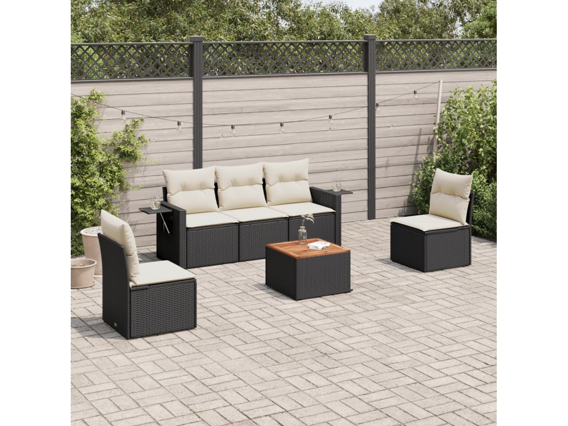 6 Pcs Conjunto Sofás De Jardim C/ Almofadões Vime Pe Preto Dkd Home Decor