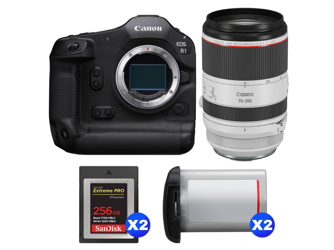 Eos R1 + Rf 70 200mm F/2.8 L Is Usm + 2 Sandisk 256gb Extreme Pro Cfexpress Type B + 2 Canon Lp e19 + Ebook Pricedirect CANON