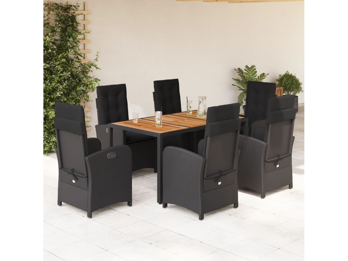 Vidaxl 7 Pcs Conjunto De Jantar P/ Jardim C/ Almofadões Vime Pe Preto