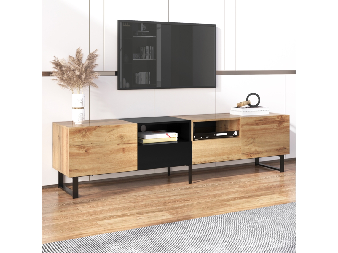 Móvel para TV KOMHTOM, 190x38x48 cm, 2 portas e 2 gavetas, espaçoso, PVC resistente, para telas grandes, preto e madeira