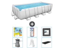 Piscina Retangular Power Steel BESTWAY 488 X 244 X 122 Cinza Incluindo Bomba Escada Cobertura Pacote de Manutenção Filtro Ladrilhos
