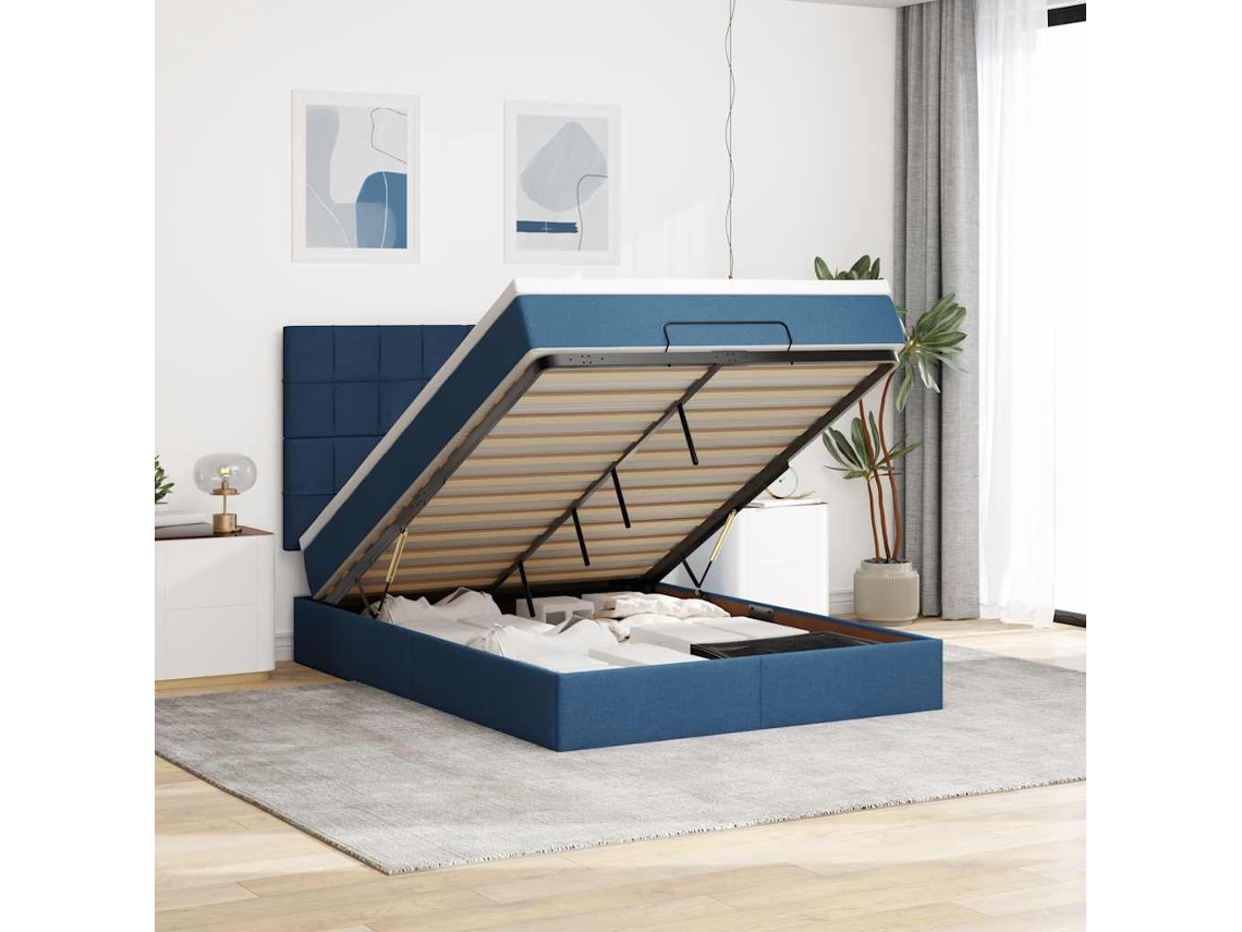 Vidaxl Estrutura De Cama Otomana Com Colchão Tecido Azul 140x200cm
