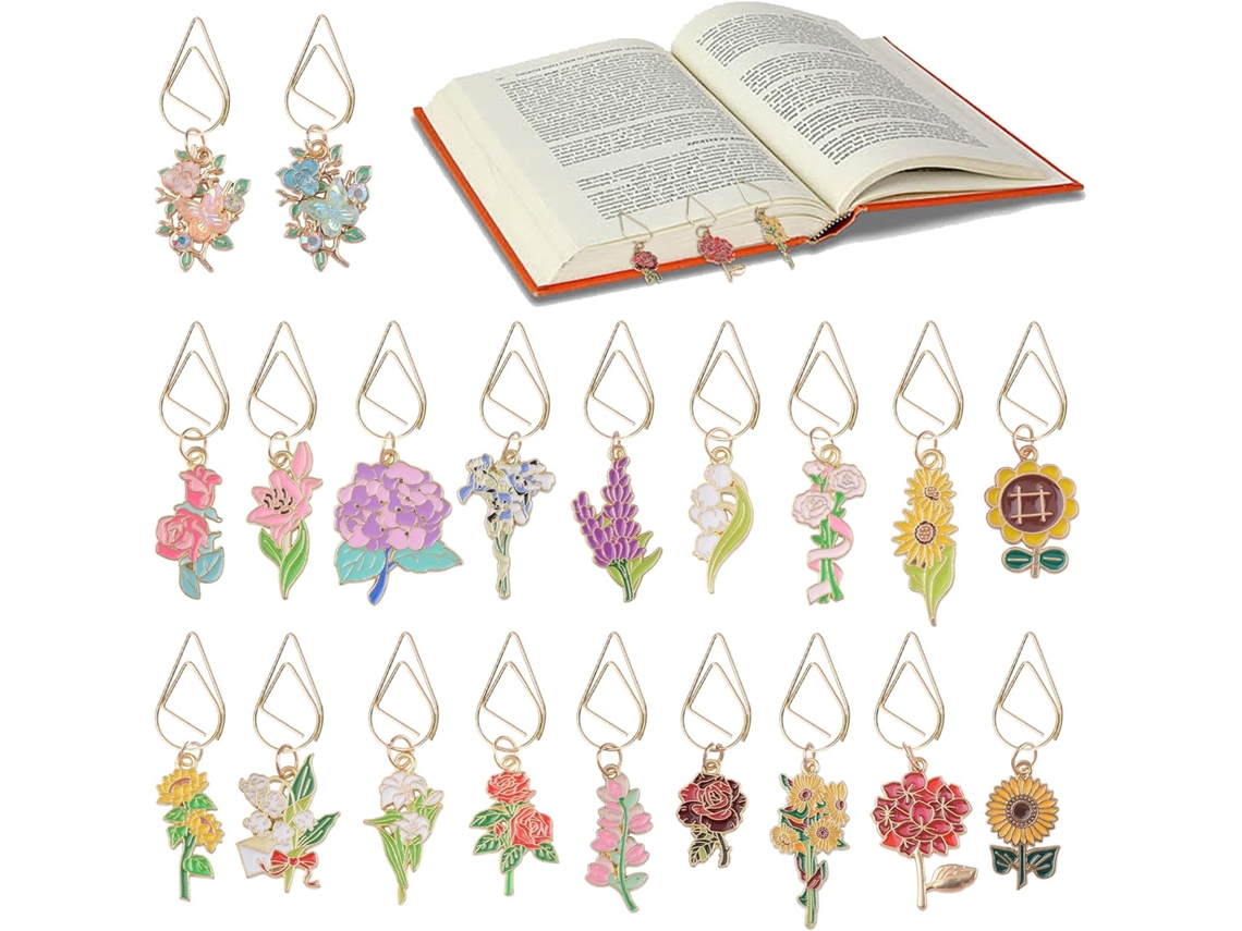 Clips de papel Florais, marcadores de página de metal com clipes esmaltados e design floral (20 unidades).
