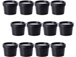 Conjunto de 12 recipientes cosméticos recarregáveis em polipropileno marrom com tampas.