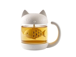 Caneca de vidro Nova Line com gato fofo e infusor de chá em forma de peixe | S/MARCA