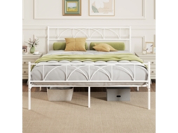 Cama de Casal com Cabeceira Ripas Aço e Espaço Arrumação Debaixo da Leito Carga 330 Kg 161.5x208x98 Cm Branca