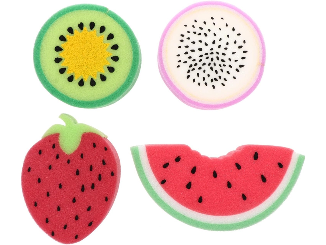 Conjunto de 4 esponjas de banho em formato de frutas para bebês, textura sólida, acessórios de esfoliação.