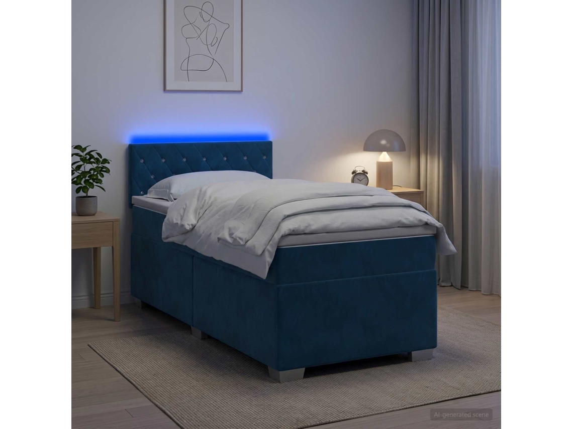 Vidaxl Cama Box Spring Com Colchão E Led Azul 90 X 200 Cm Veludo