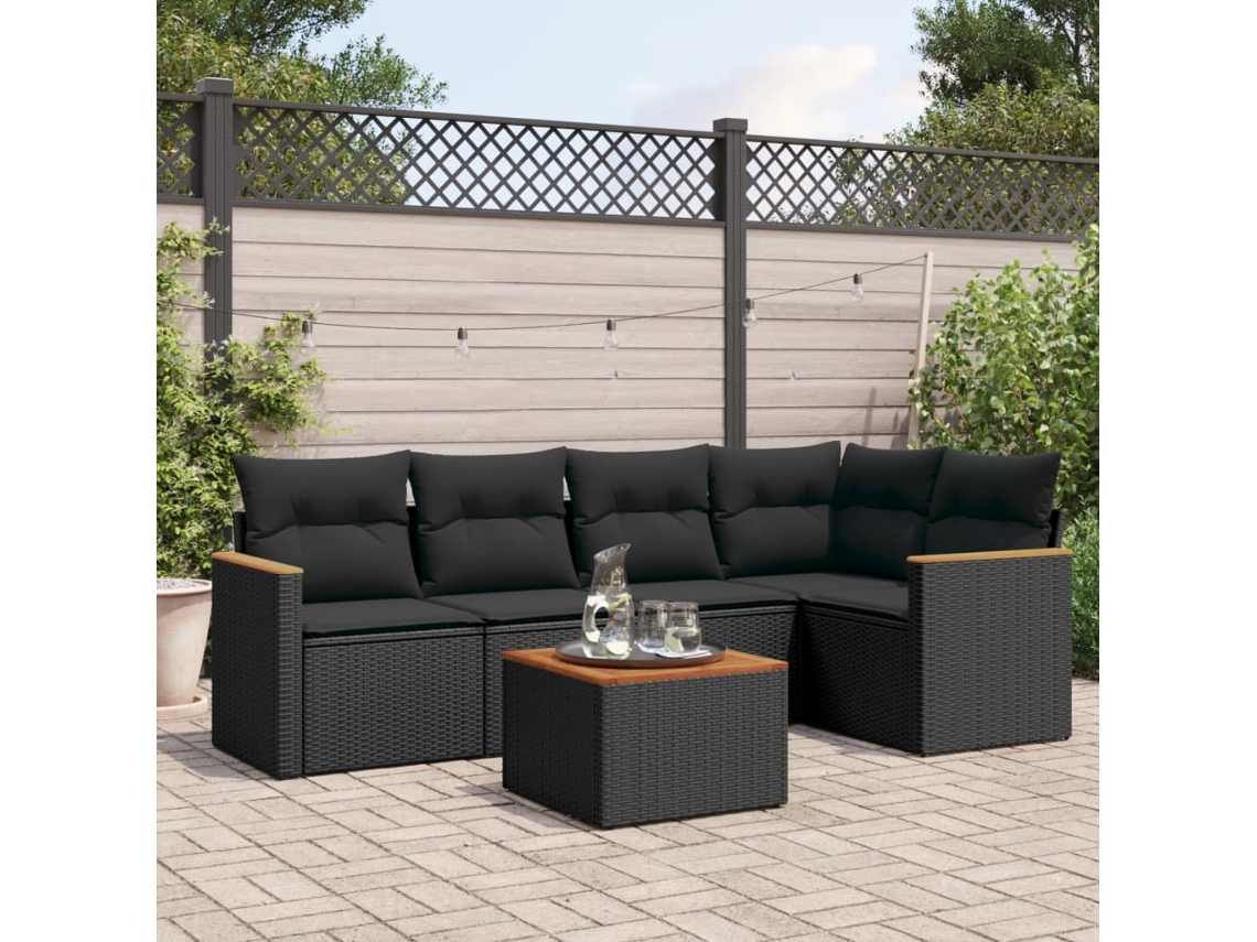 Vidaxl 6 Pcs Conjunto Sofás De Jardim C/ Almofadões Vime Pe Preto