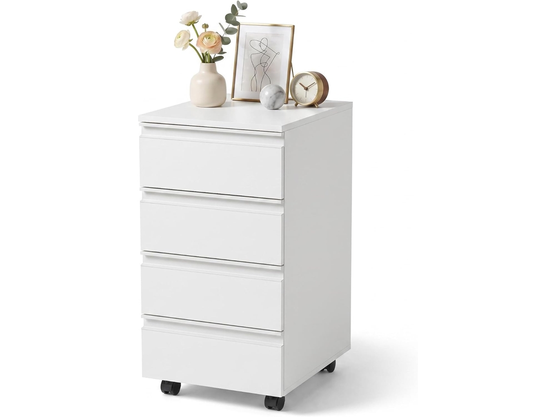 Cômoda De Escritório Em Madeira Branco Com 4 Gavetas E Rodas