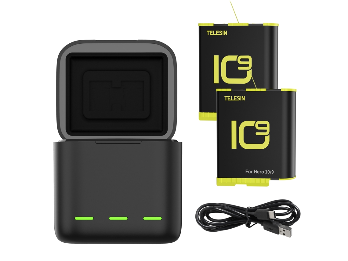 Carregador de baterias Telesin 2026 para GoPro Hero 11/10/9 com 2 baterias de 1750mAh e slots de armazenamento TF.