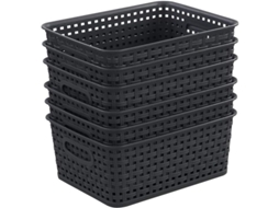 Conjunto de 6 cestos de plástico preto para arrumação, modelo 2026, com design da Vime e Alça Ergonómica.