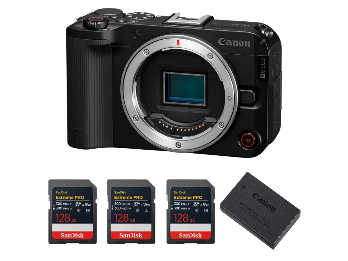 Eos R50 V + 3 Sandisk 128gb Extreme Pro Uhs ii Sdxc + Canon Lp e17 + Ebook “20 Dicas para Fotos Que Impressionam” CANON