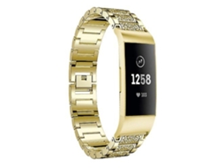 Pulseira De Aço Inoxidável Sólido Com Diamantes Incrustados, Compatível Fitbit Charge 3, Acabamento Dourado