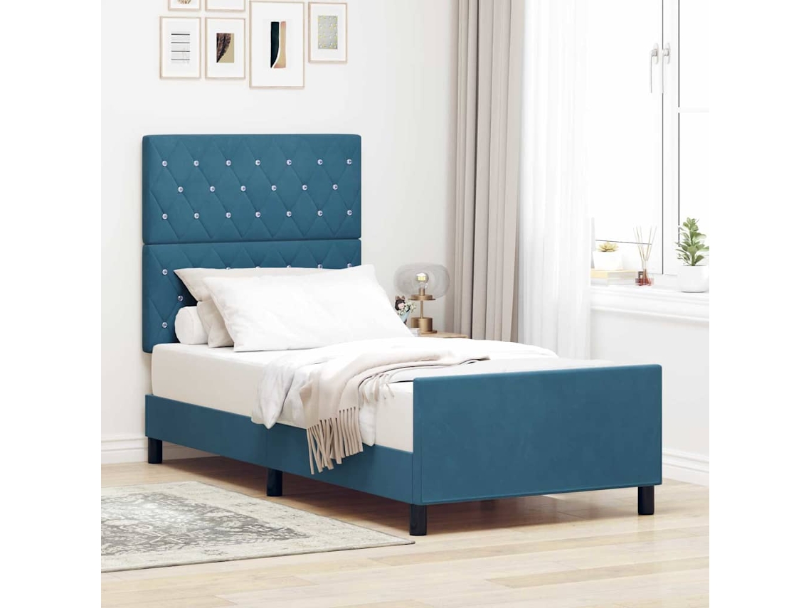 Vidaxl Cama Box Com Cabeceira Azul Escuro 90 X 190 Cm Veludo