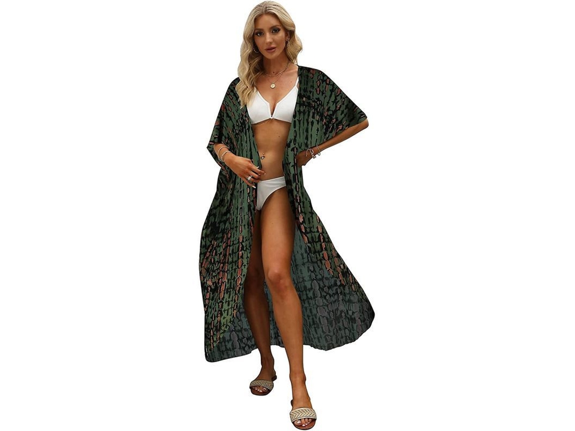 2026 kimono Largo de Praia para Mulher com Estampa Tie dye, Aberto na Frente, Manga 3/4 de Viscose Leve