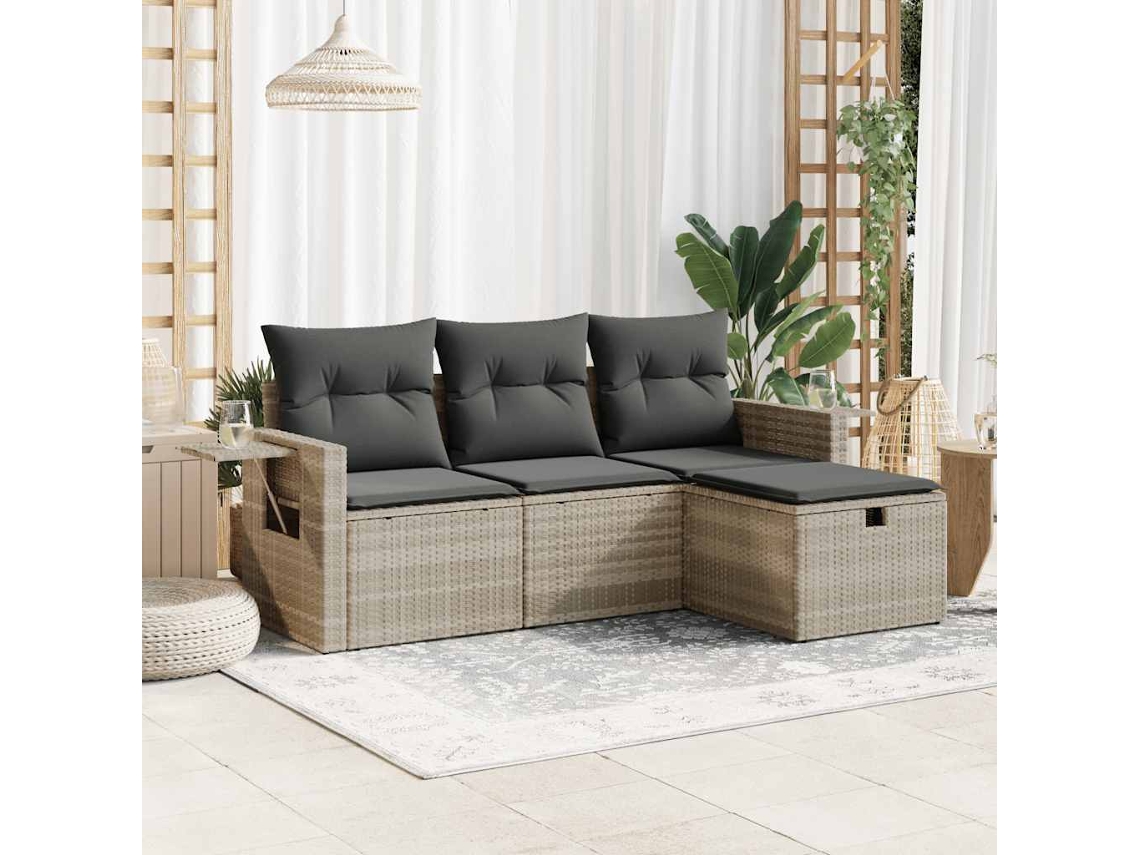 Vidaxl 4 Pcs Conj. Sofás Jardim C/ Almofadões Vime Pe Cinzento-claro