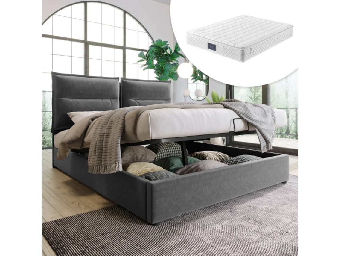 Cama Box Casal Hidráulica 140x200cm, Cabeceira Ajustável, Estrutura Em Metal Com Baú, Veludo, Design Moderno E Espaçoso, Cinza (inclui Colchão)
