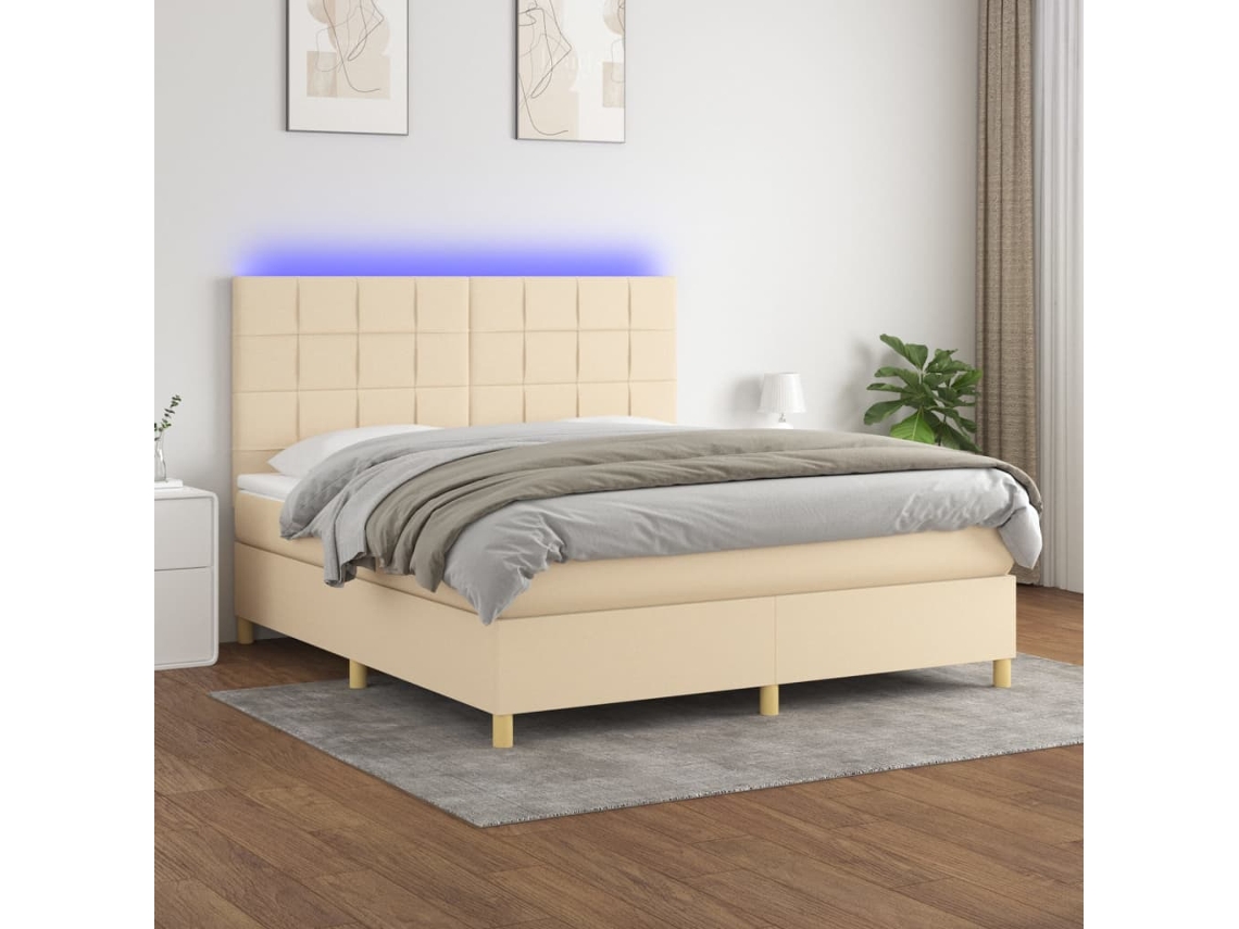 Vidaxl Cama Box Spring C/ Colchão E Led 160x200 Cm Tecido Cor Creme