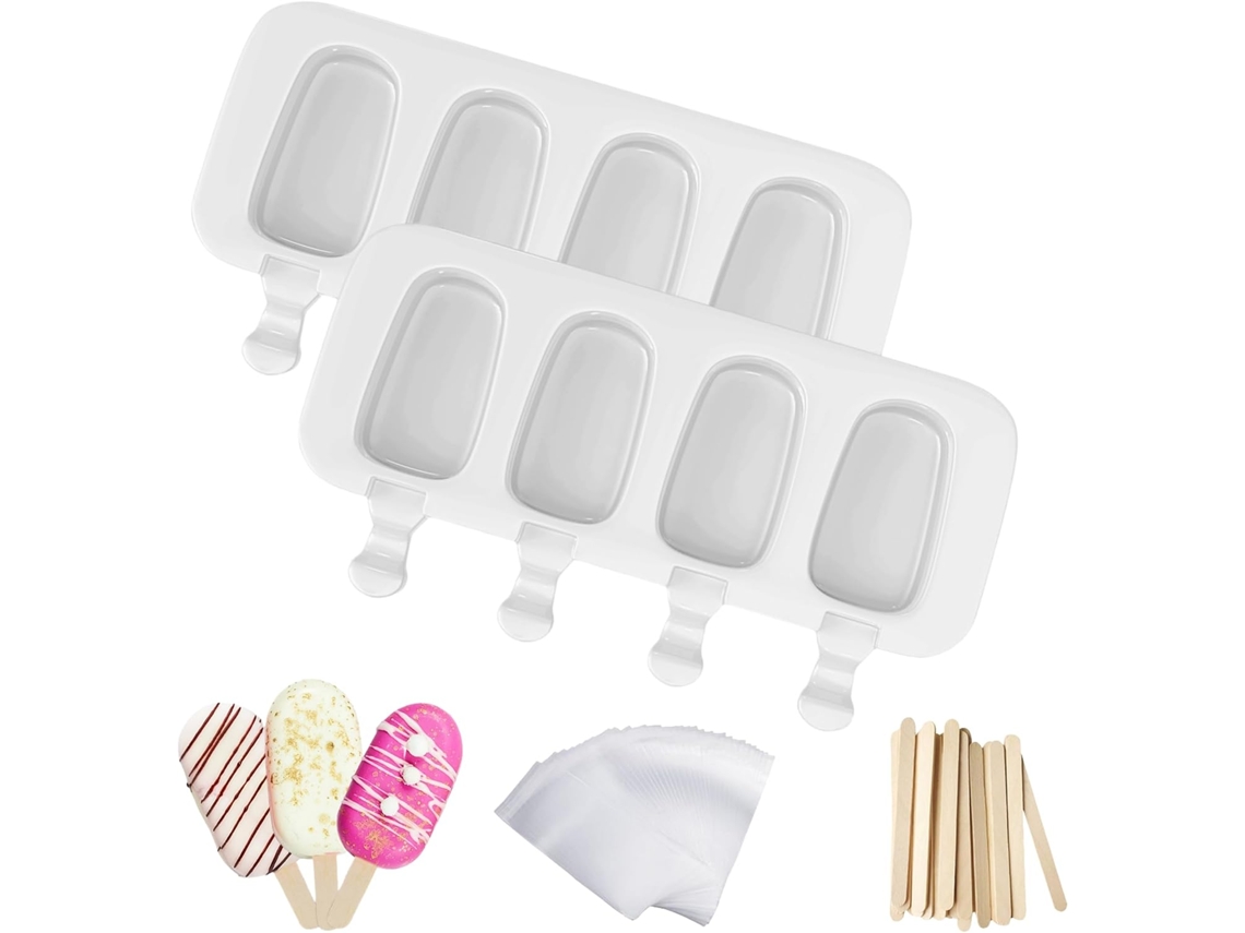 Formas De Silicone Ovais Para Picolés Caseiros Reutilizáveis, 4 Cavidades, Fáceis De Desenformar, 50 Palitos De Madeira(2 Peças) Branco Hexinyigjly
