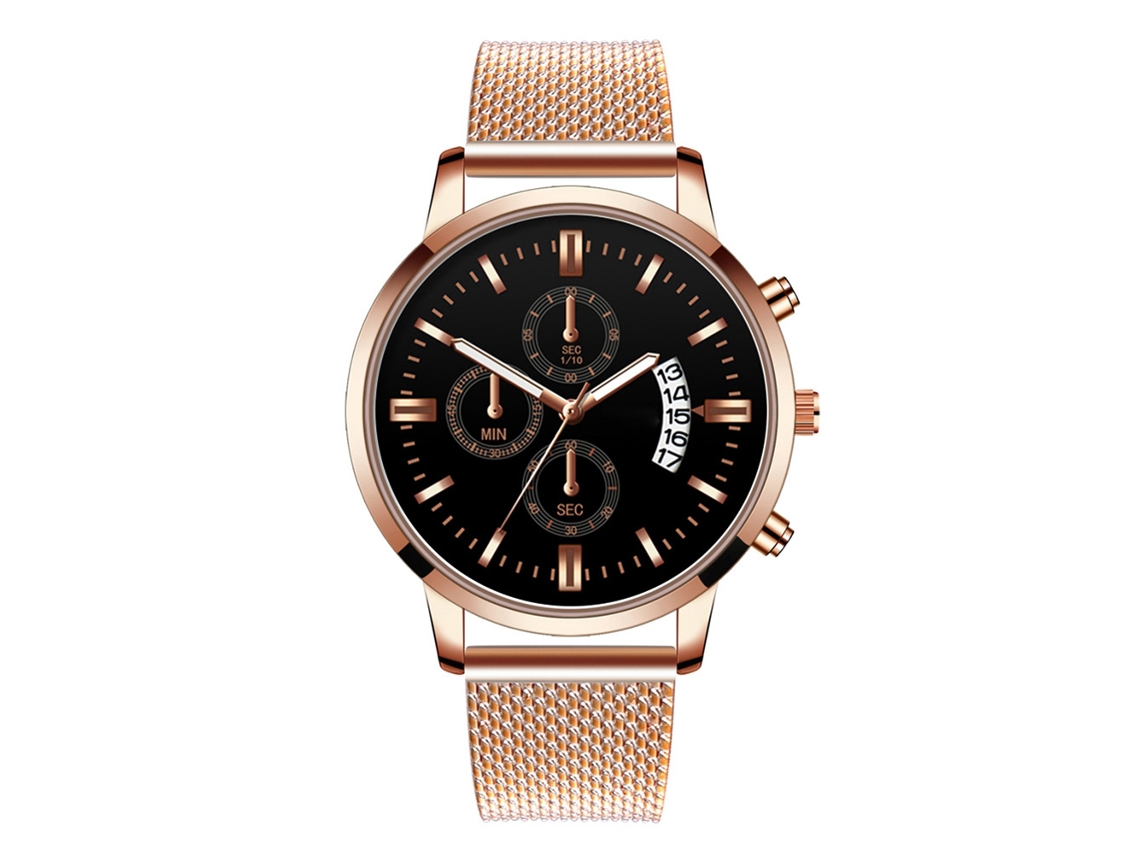 Relógio masculino casual, mostrador redondo colorido, movimento de quartzo, pulseira preta, detalhes em ouro rosa.