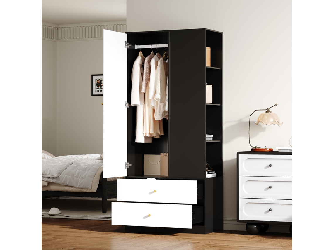 Armário com Espelho 1 Porta 2 Gavetas 4 Prateleiras Preto/branco 80x40x180cm MARCA