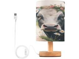 Abajur De Cabeceira Em Formato Vaca E Flor, Com Led, Ideal Para Leitura, Leitura, Com Portas Usb E Cúpula De Tecido