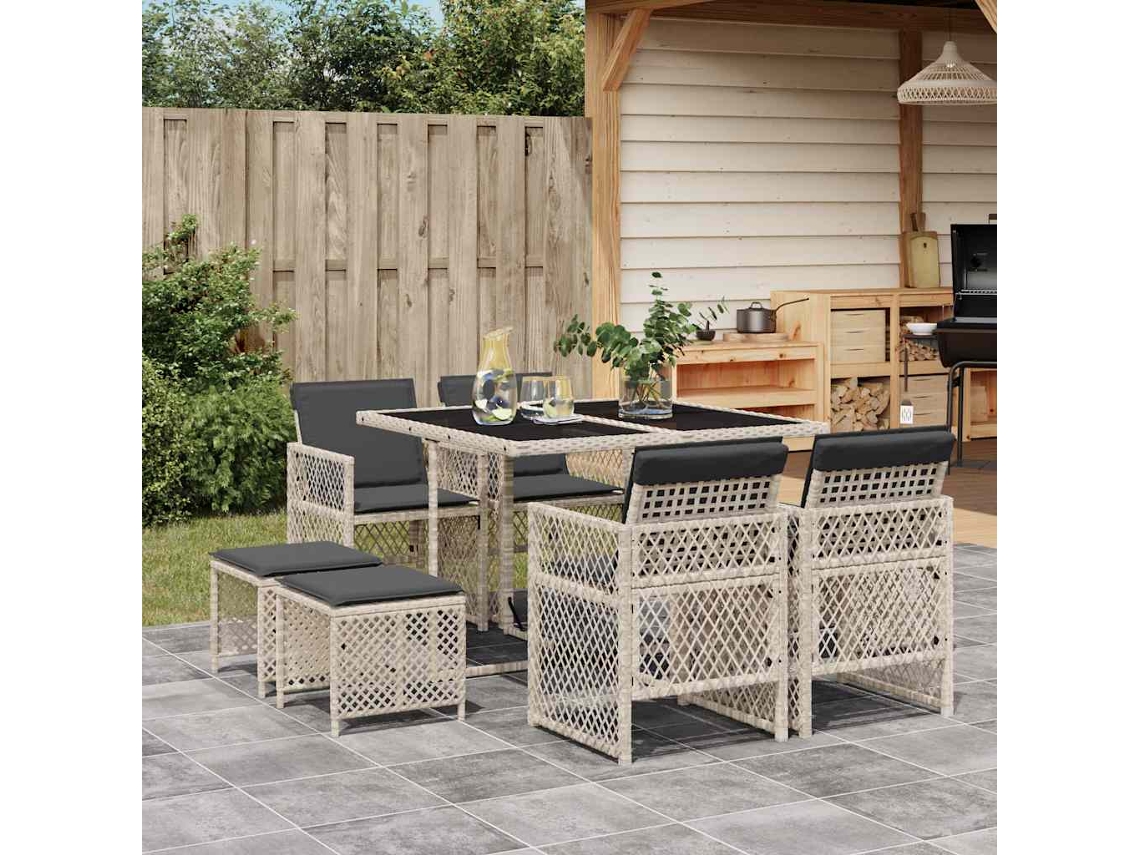 Vidaxl 9 Pcs Conjunto De Jantar P/ Jardim C/ Almofadões Cinzento Claro