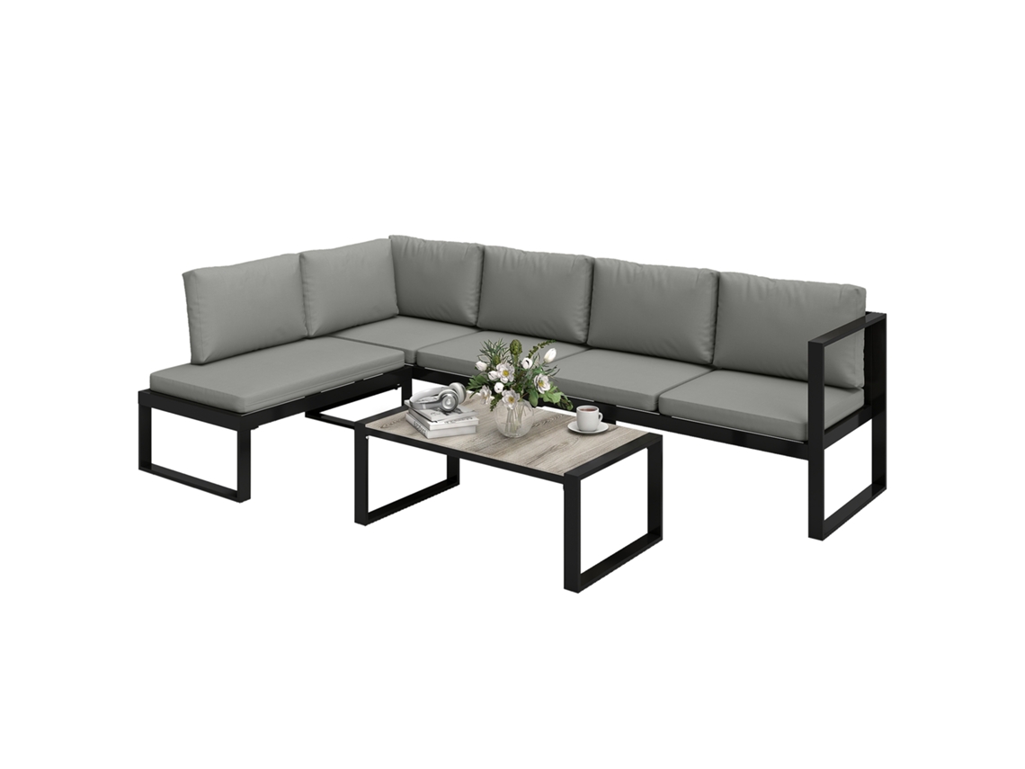 Conjunto De Jardim Exterior De Canto Para 5 Pessoas Com 2 Sofás, Cadeira Sem Braços E Mesa Baixa, Cinza Escuro
