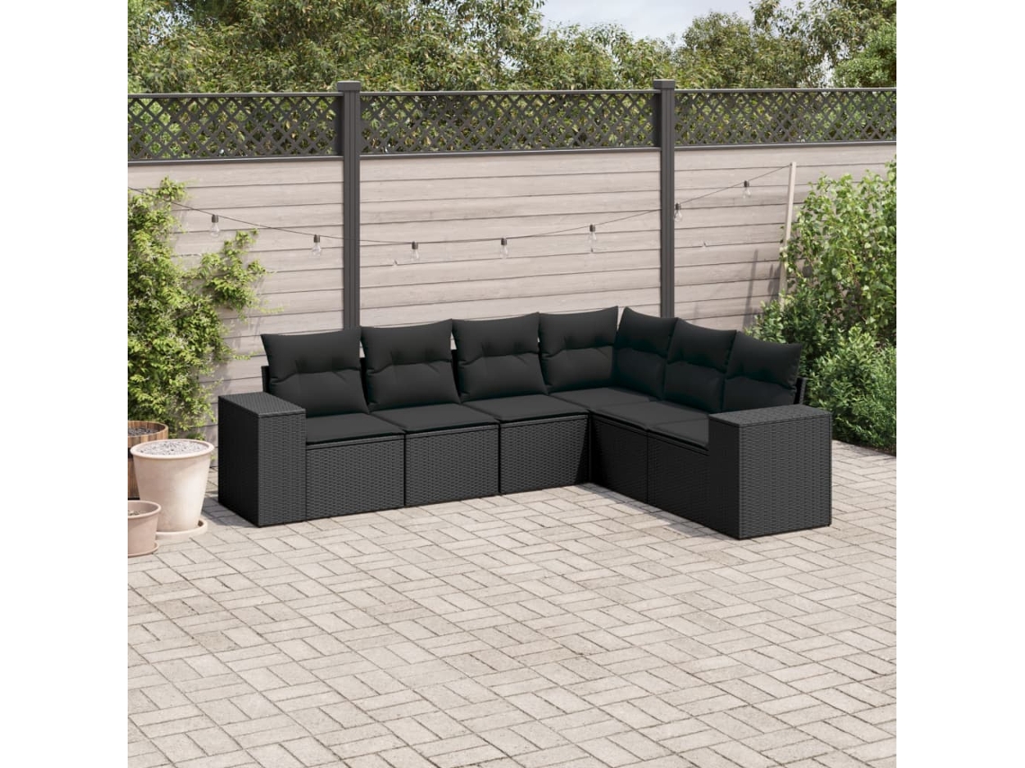 6 Pcs Conjunto Sofás De Jardim C/ Almofadões Vime Pe Preto Dkd Home Decor