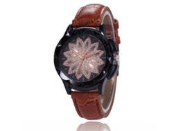 Relógio de quartzo unissex com mostrador floral e pulseira casual de couro PU marrom.
