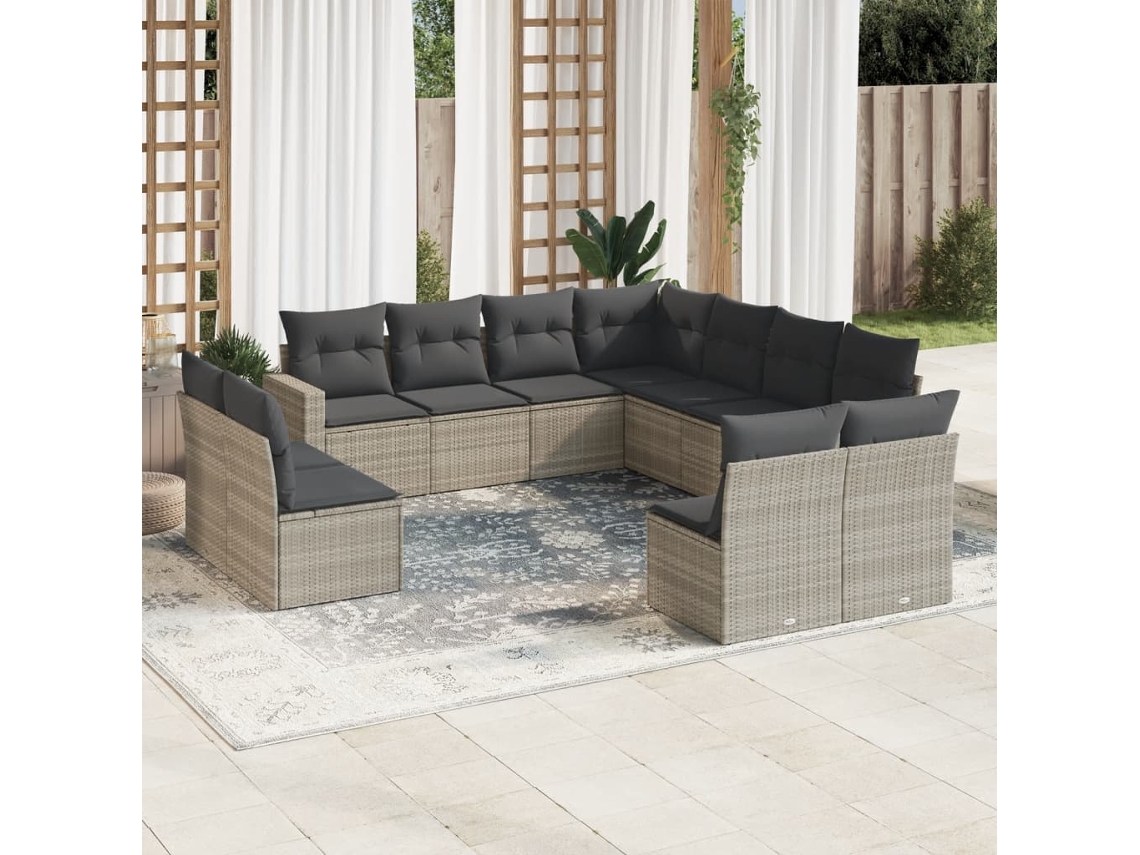 Vidaxl 11 Pcs Conjunto Sofás De Jardim C/ Almofadões Vime Pe Cinzento