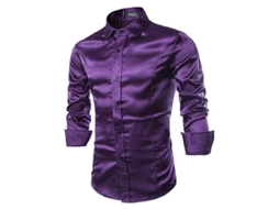 Camisa Social Masculina Luxuosa de Satin Brilhante Manga Longa Slim Fit Casual Botões XL Púrpura