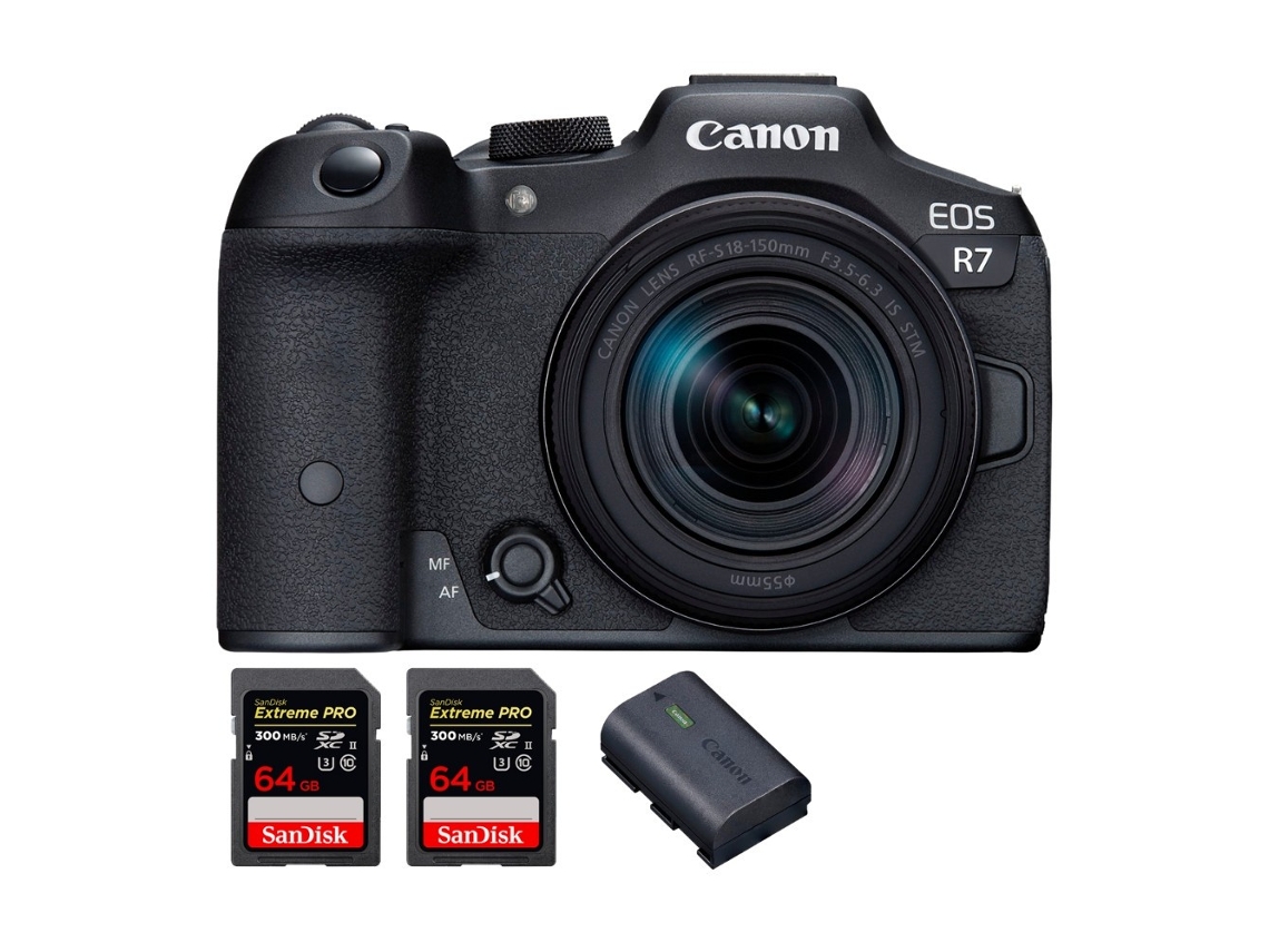 Eos R7 + Rf S 18 150mm Stm + 2 Sandisk 64gb Uhs ii 300mb/s + 1 Canon Lp e6nh Máquina Fotográfica Híbrida + Ebook Pricedirect CANON