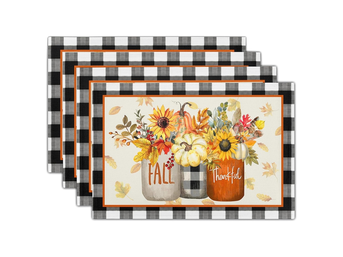 Mats de Linho Aquarelados de Folha de Bordo Conjunto com 4 Peças Decoração de Outono NEVEANCE