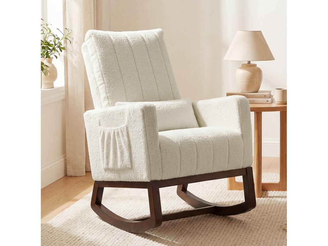 Cadeira de Balanço Flanela Neve Creme (almofada Lombar, Encosto Alto, Bolsos Laterais)